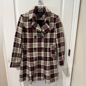Vintage Tommy Hilfiger Plaid Wool Blend Pea Coat in Red Black and Cream sz6